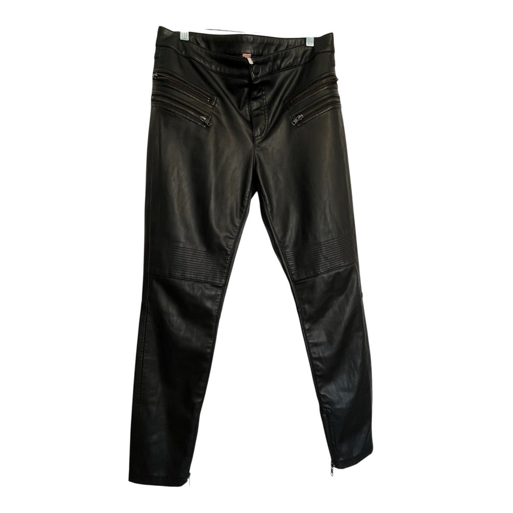 FREE PEOPLE Sz 8 Women's‎ Pants Black Faux Leather Vegan Moto Zippers Pleather